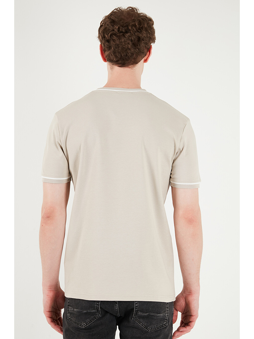 Bej Pamuklu Bisiklet Yaka Kontrast Şeritli T Shirt 5904034-6