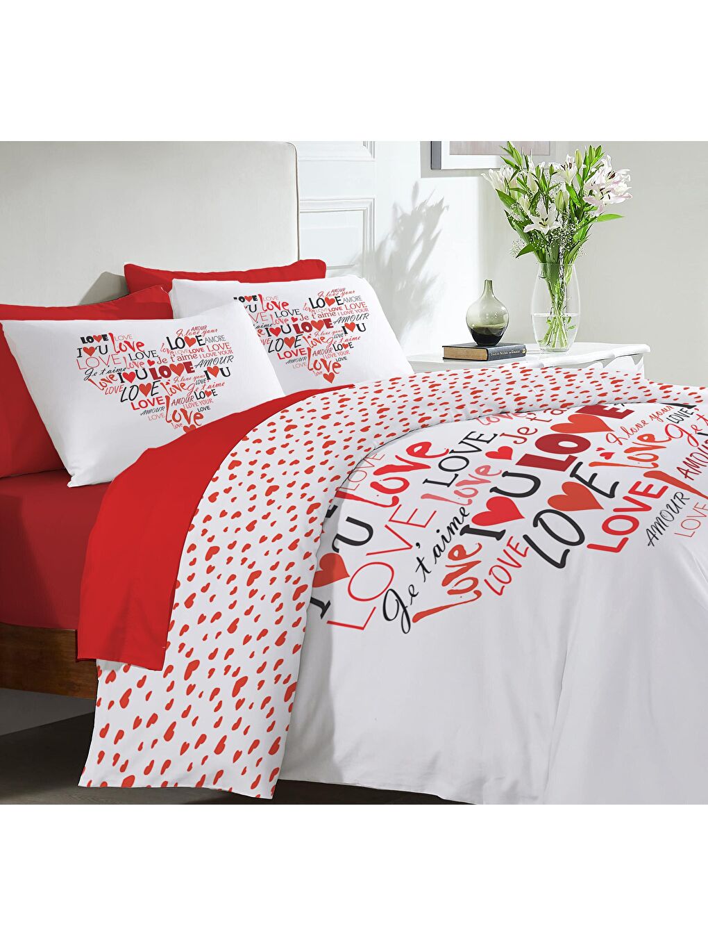Kırmızı Kalp, sevgililer günü özel desen baskılı çift Kişilik 200x220 Cm ÇARŞAFSIZ Nevresim Takımı
