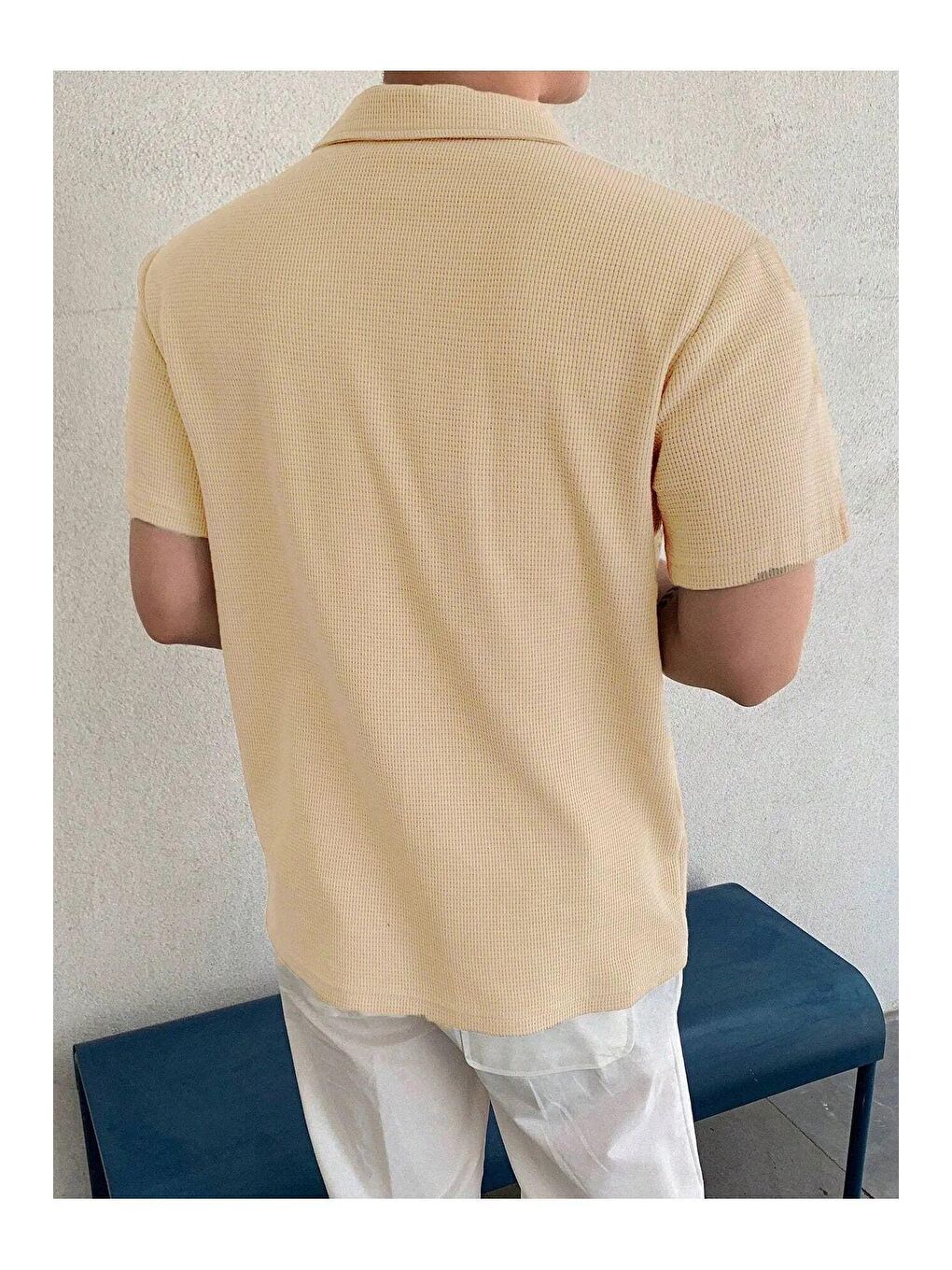 GENIUS STORE Açık Bej Erkek Oversize Polo Yaka  Waffle T-Shirt  POLOYAKA-DÜĞMELİ - 1