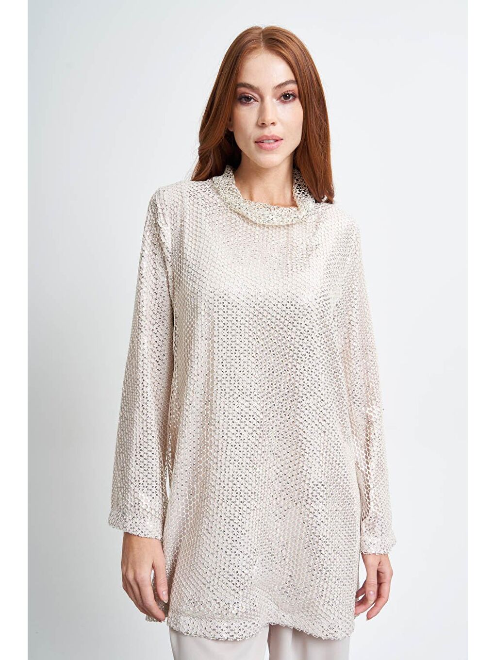 Bej File Taşlı Taş Tunik-2