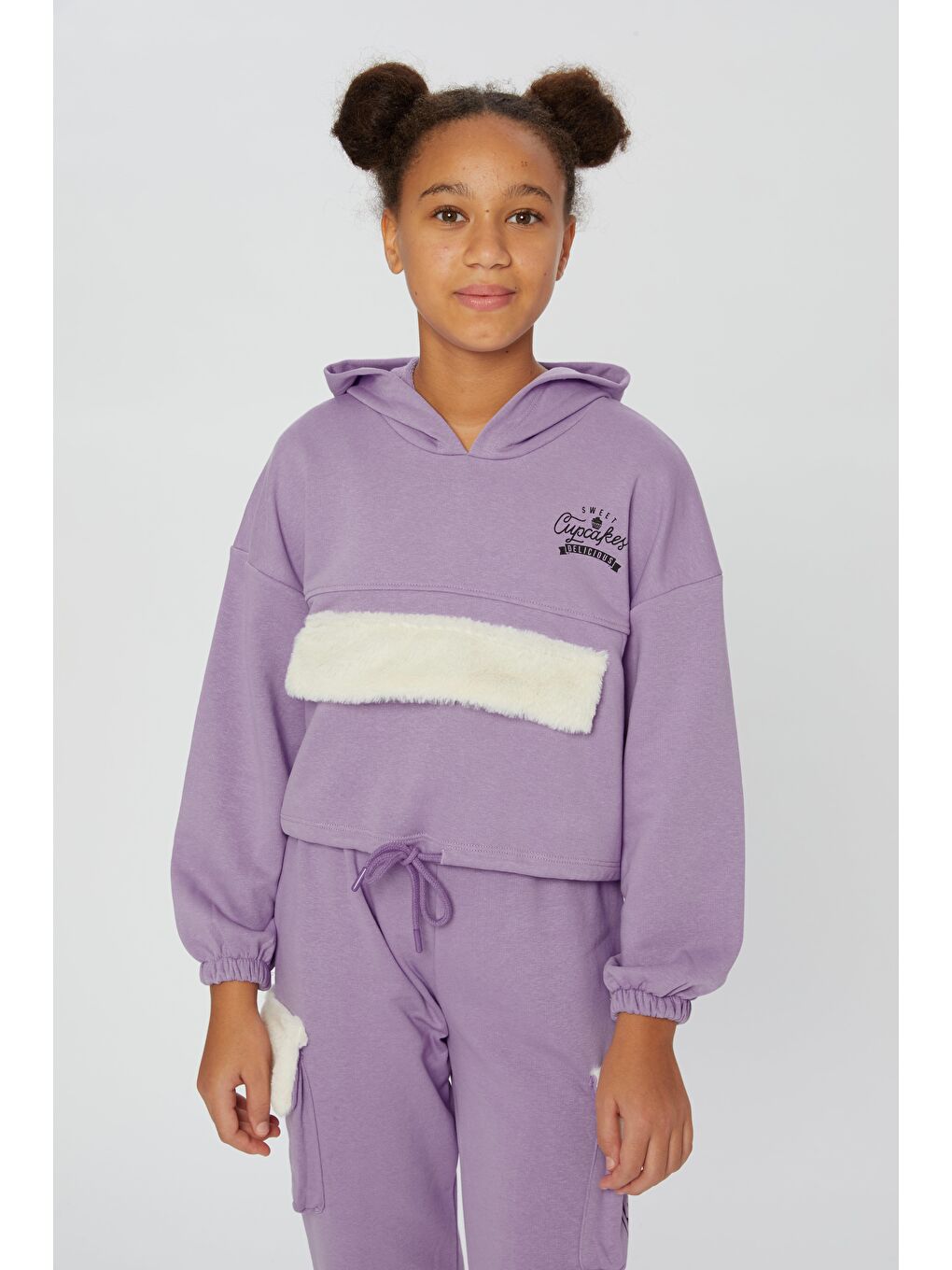 Lila Kız Çocuk Peluş Kapaklı SweatShirt-2