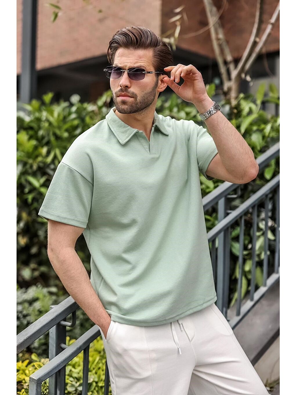 Yeşil Polo Yaka Oversize Erkek Tişört E7185-2