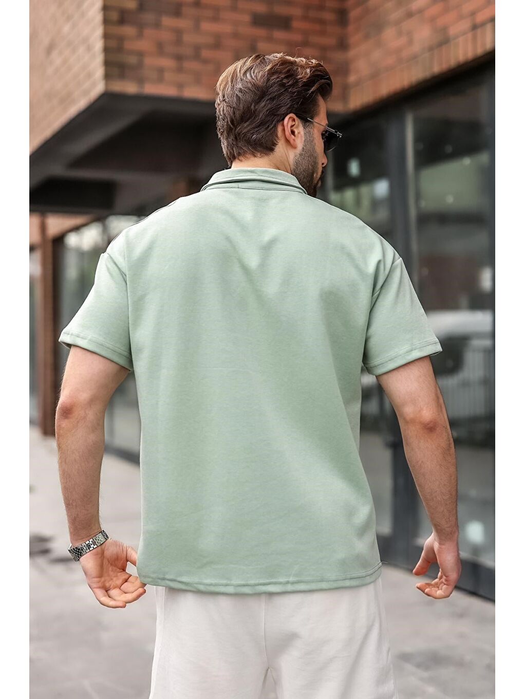 Yeşil Polo Yaka Oversize Erkek Tişört E7185-3