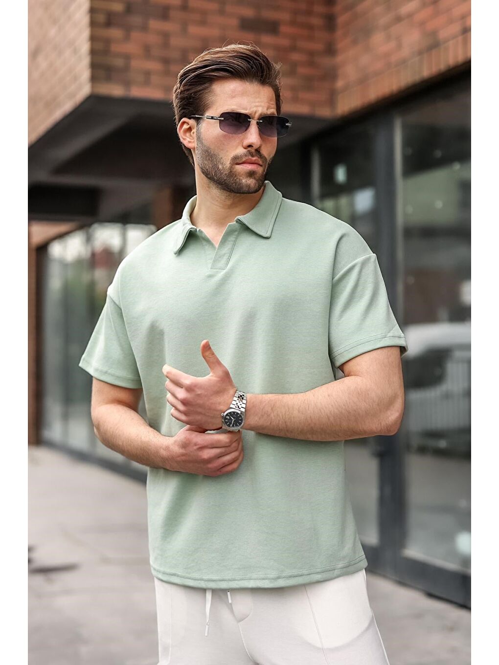 Yeşil Polo Yaka Oversize Erkek Tişört E7185-4