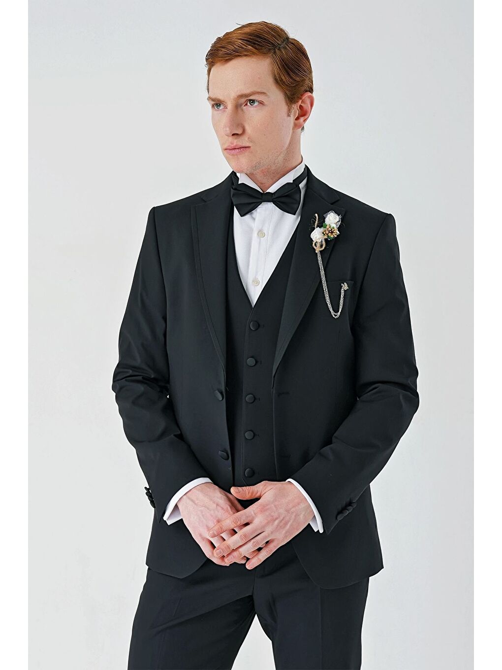 Siyah Çıkarılabilir Mono Yaka Yelekli 6 Drop Slim Fit Smokin Damatlık 1001240201