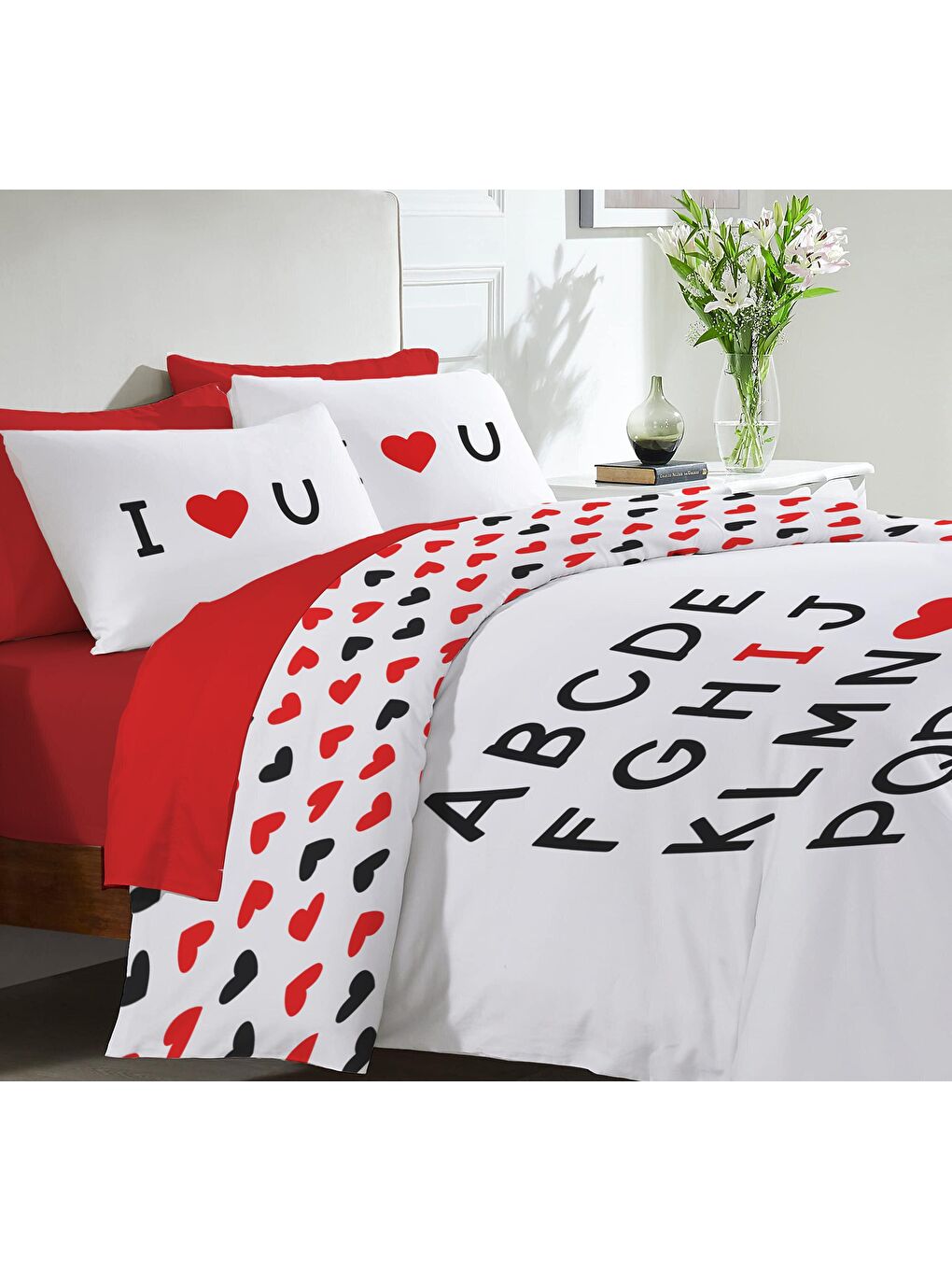 Kırmızı Kalp, sevgililer günü özel desen baskılı çift Kişilik 200x220 Cm ÇARŞAFSIZ Nevresim Takımı