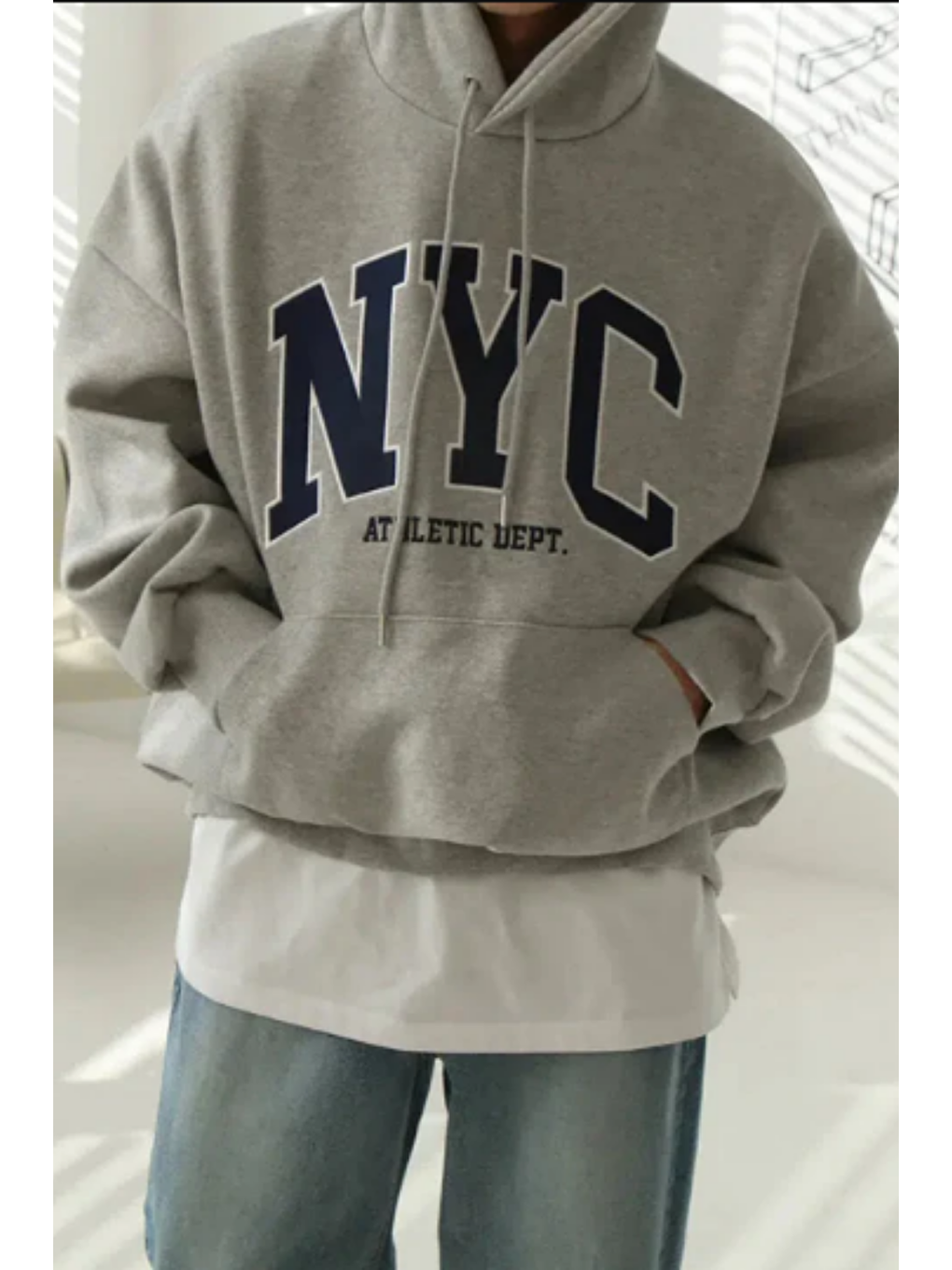 Tarz Cool Gri Erkek Nyc Baskılı Regular Fit Kapüşonlu Sweatshirt