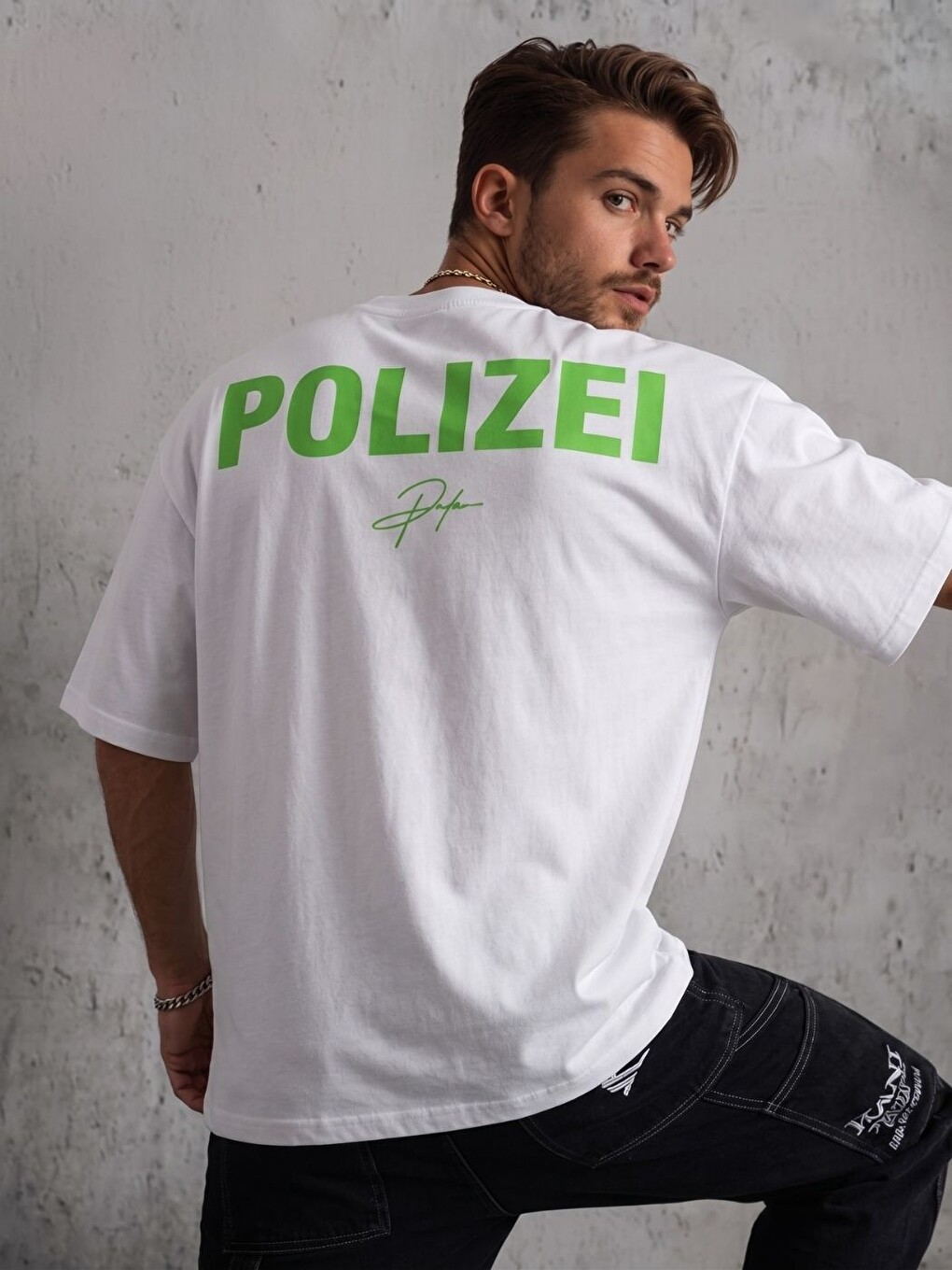 Erkek Beyaz Polizie Baskı Detay Organik Pamuk Örme Oversize Tişört