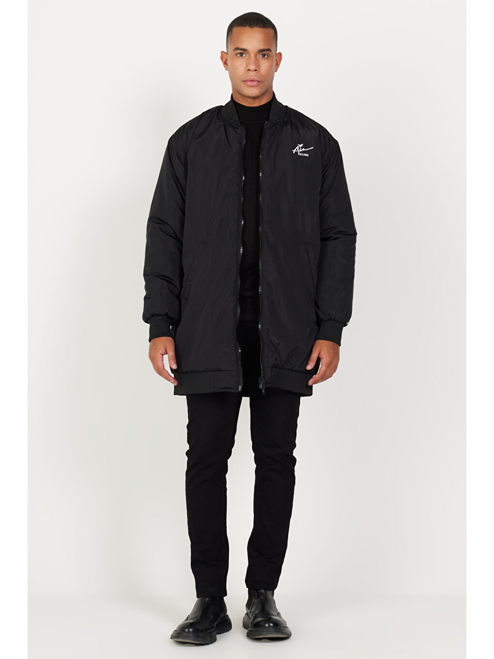 Erkek Siyah Oversize Geniş Kesim Kolej Yaka Mont-3