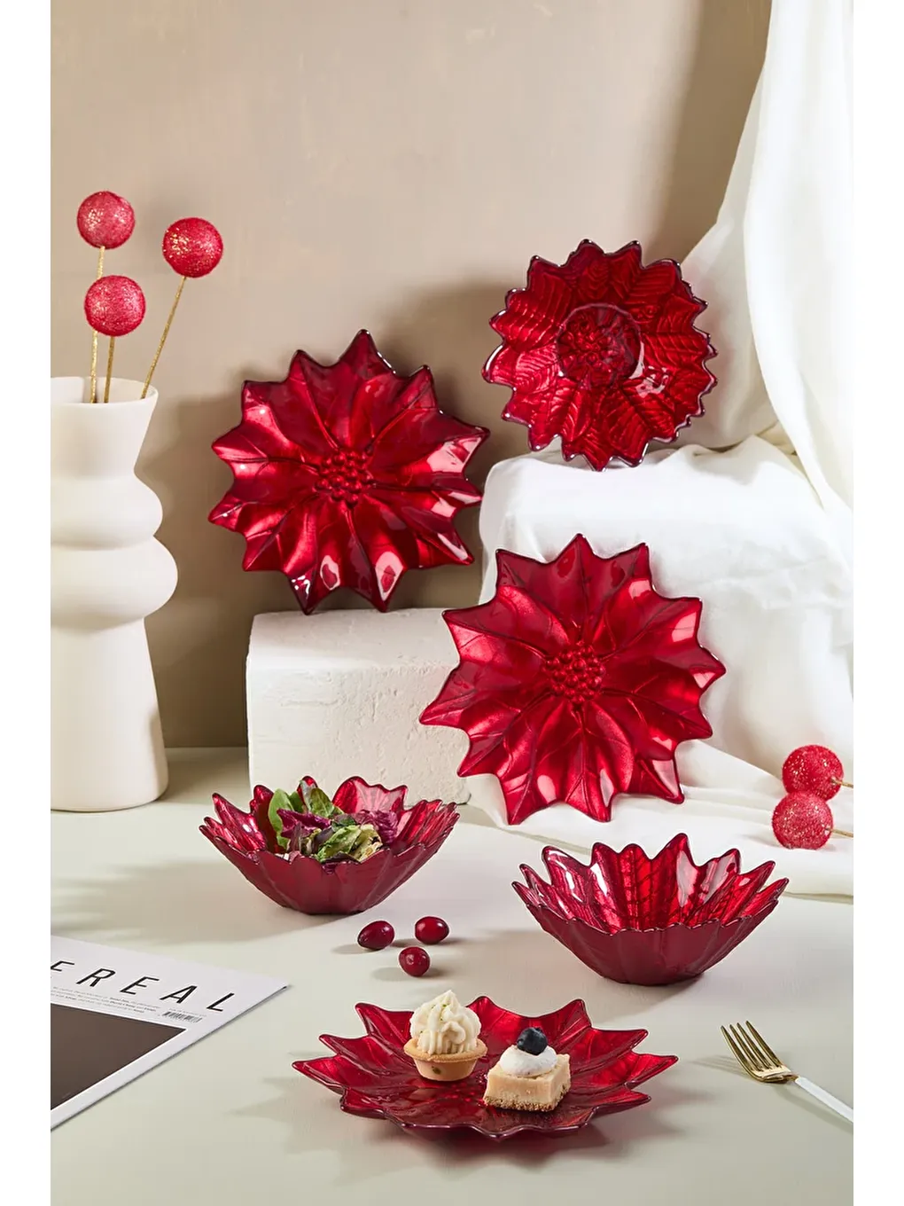 Kırmızı Poinsettia Cam Tabak & Kase Seti - 3 Adet Tabak - 3 Adet Kase