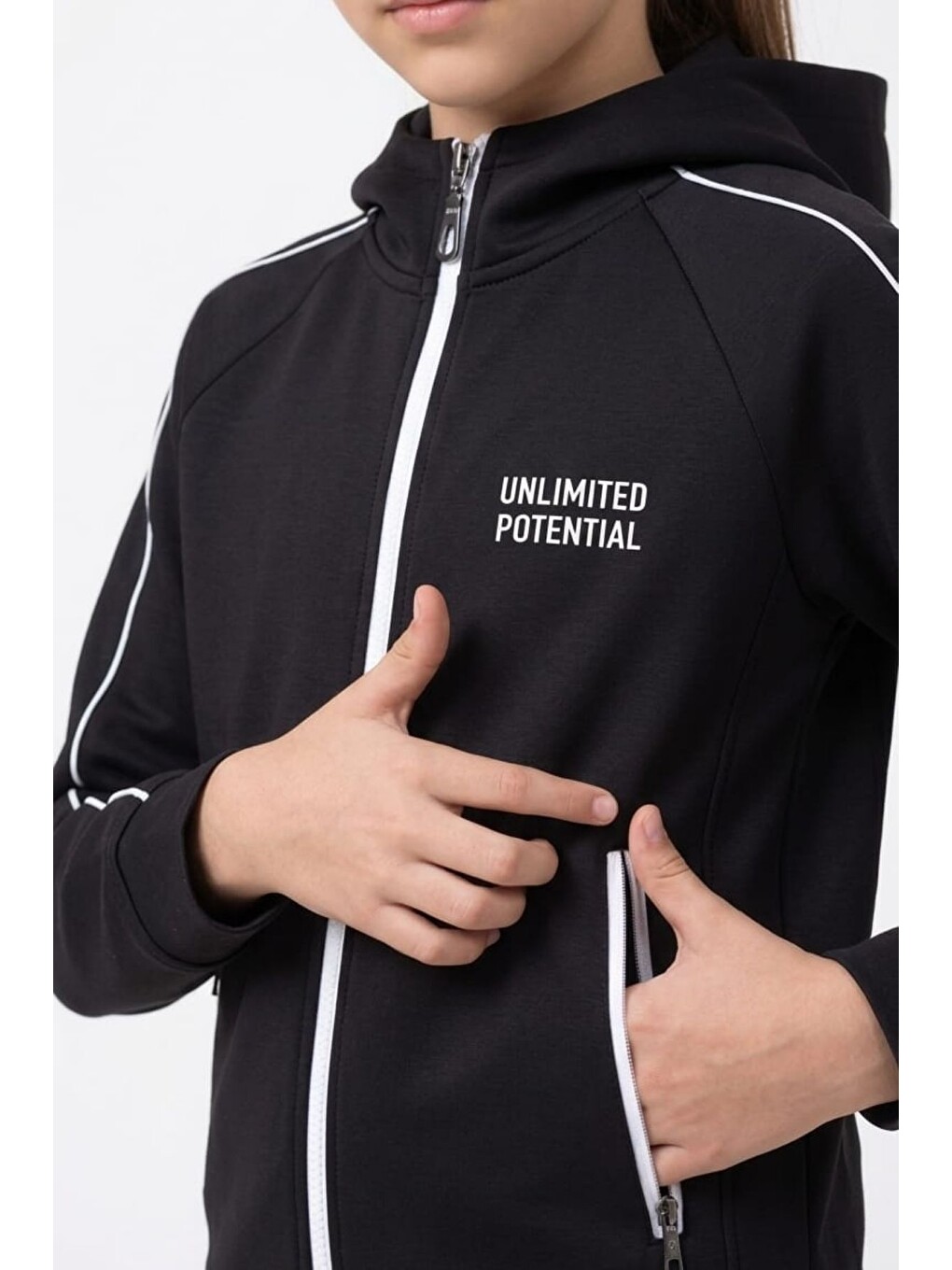 Siyah Kız Çocuk Unlimited Şeritli Kapüşonlu Düz Paça Reglan Kol Dalgıç Kumaş Eşofman Takımı Esf7013-2