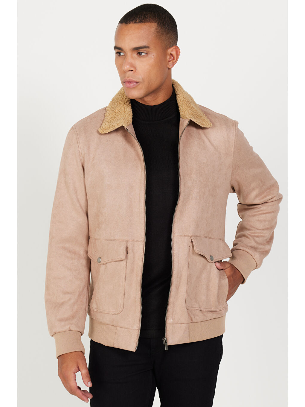 Erkek Bej Standart Fit Normal Kesim Gömlek Yaka Süet Görünümlü Mont