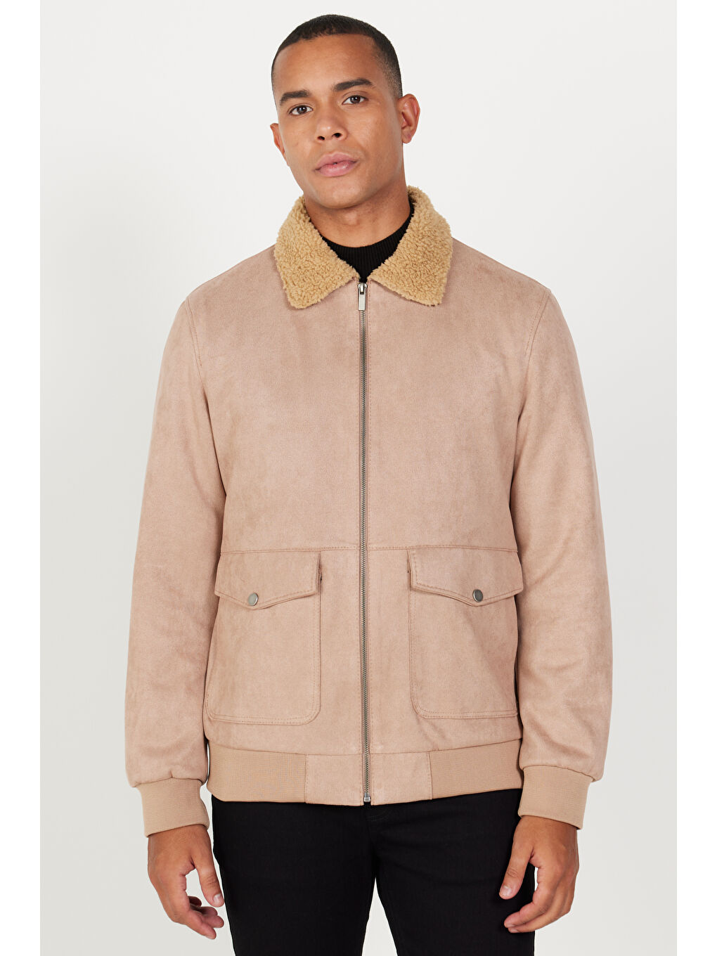 Erkek Bej Standart Fit Normal Kesim Gömlek Yaka Süet Görünümlü Mont-1