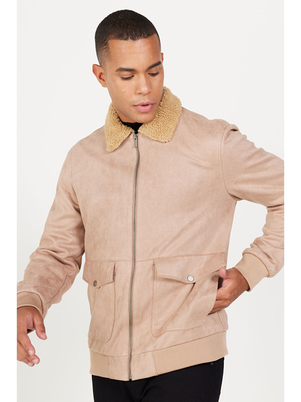 Erkek Bej Standart Fit Normal Kesim Gömlek Yaka Süet Görünümlü Mont-2