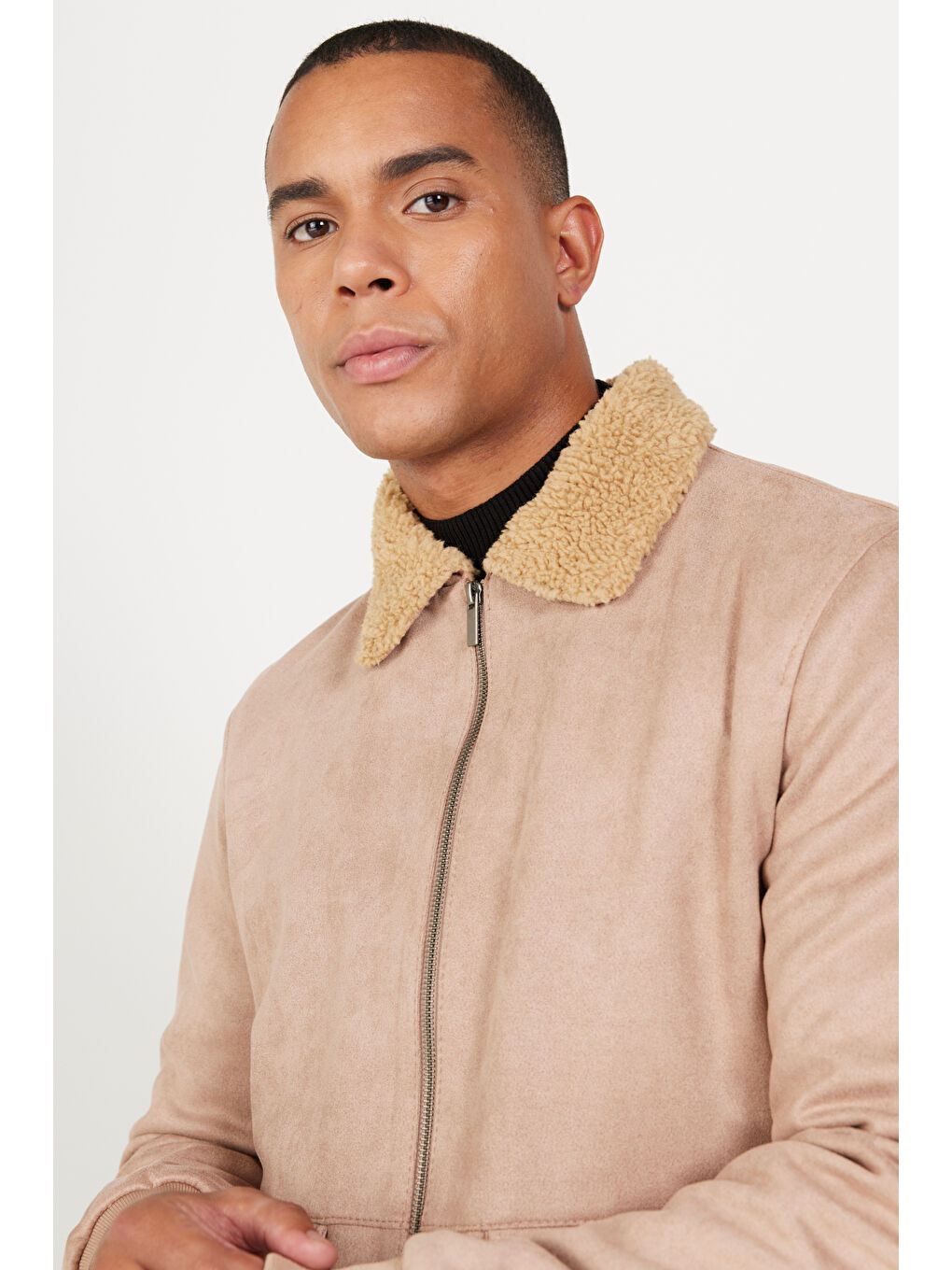 Erkek Bej Standart Fit Normal Kesim Gömlek Yaka Süet Görünümlü Mont-3