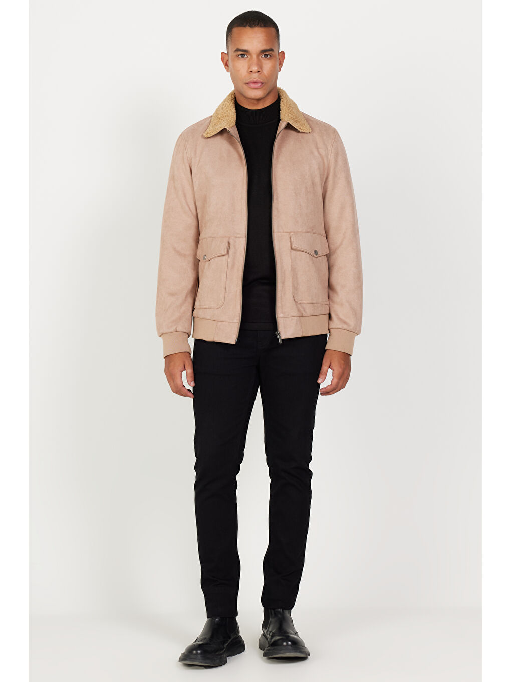 Erkek Bej Standart Fit Normal Kesim Gömlek Yaka Süet Görünümlü Mont-4