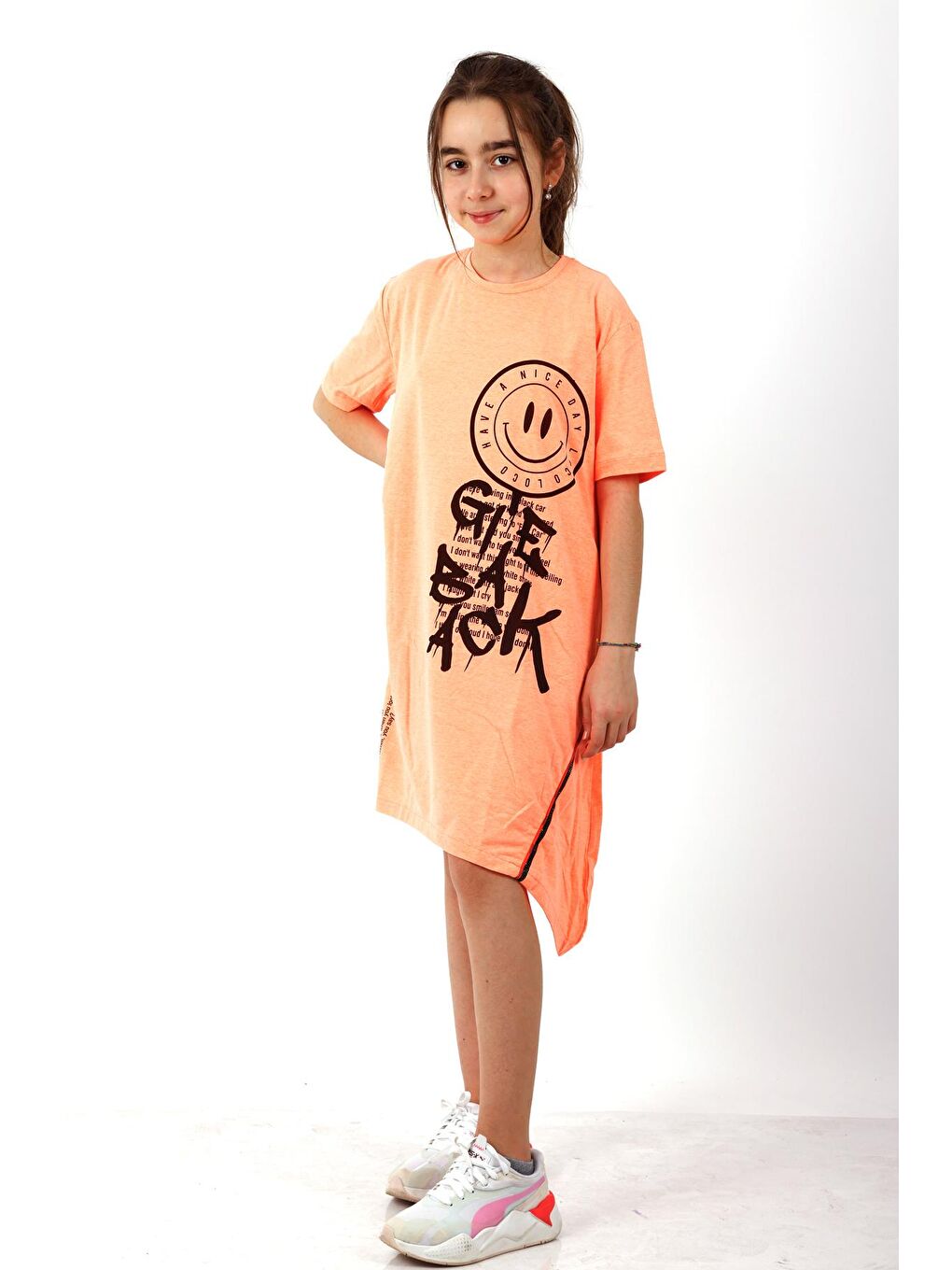 Turuncu Kız Çocuk Smile Baskılı Tunik Elbise 10-15 Yaş 13950