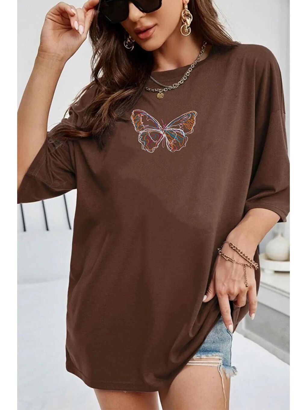 uyguntarz Kahverengi Unisex Butterfly Baskılı T-shirt