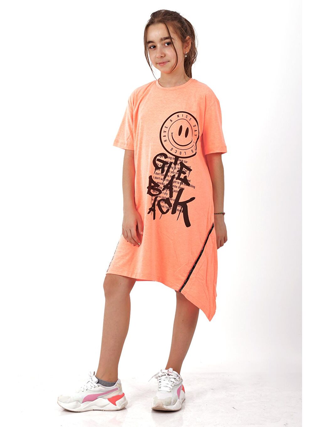Turuncu Kız Çocuk Smile Baskılı Tunik Elbise 10-15 Yaş 13950-1