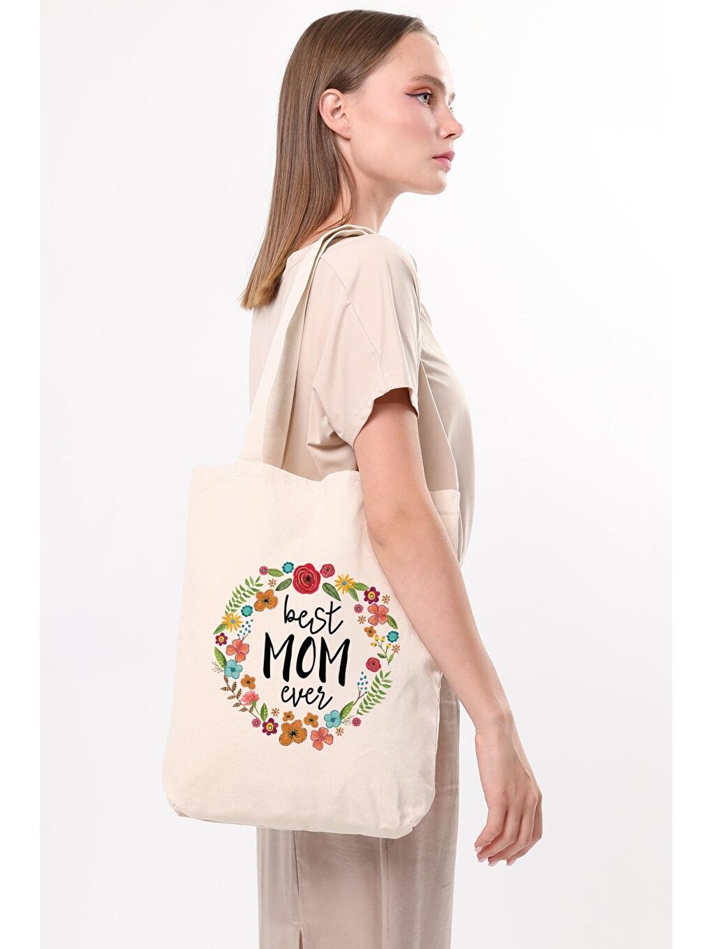 Ekru Kanvas Best Mom Ever Baskılı Bez Çanta