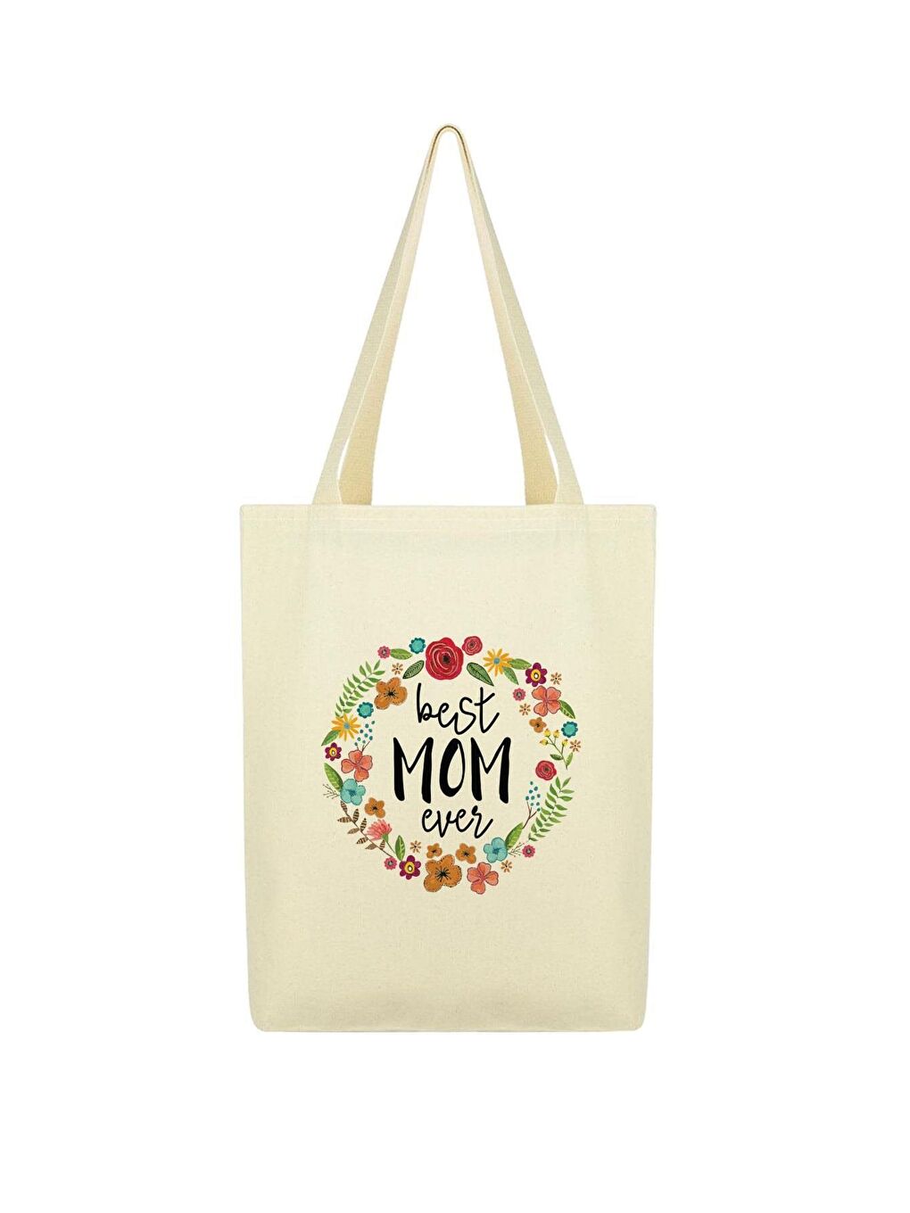 Ekru Kanvas Best Mom Ever Baskılı Bez Çanta-1