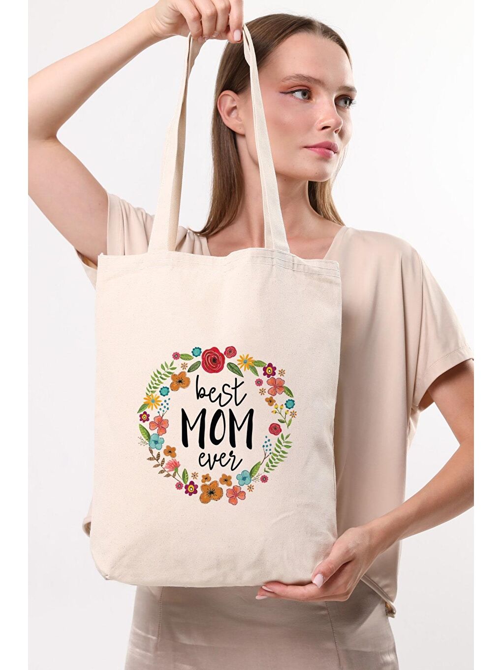 Ekru Kanvas Best Mom Ever Baskılı Bez Çanta-2