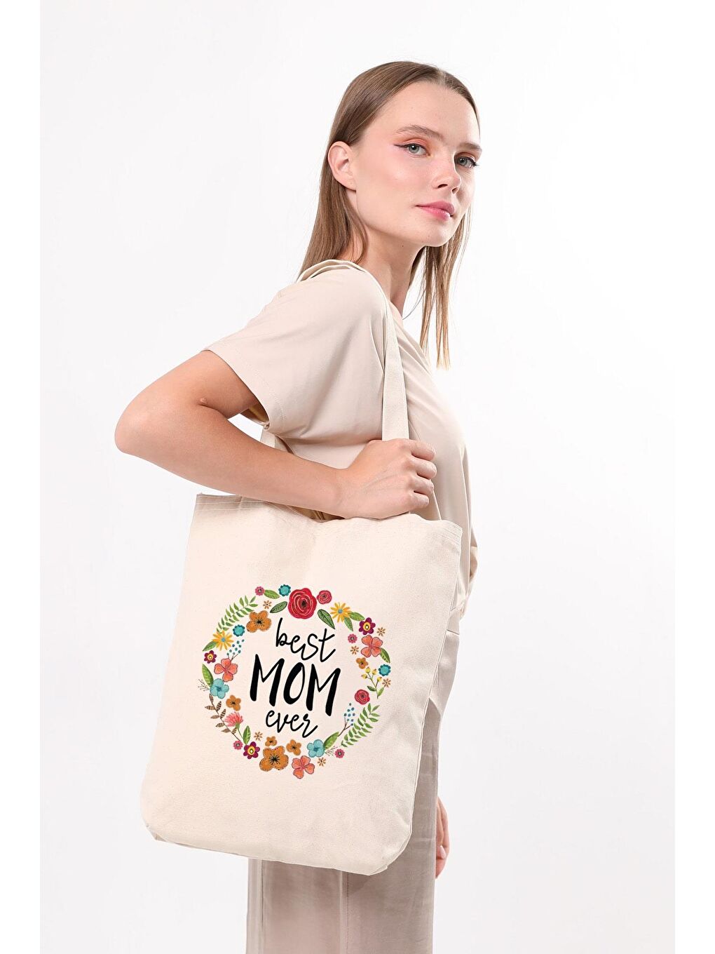 Ekru Kanvas Best Mom Ever Baskılı Bez Çanta-3