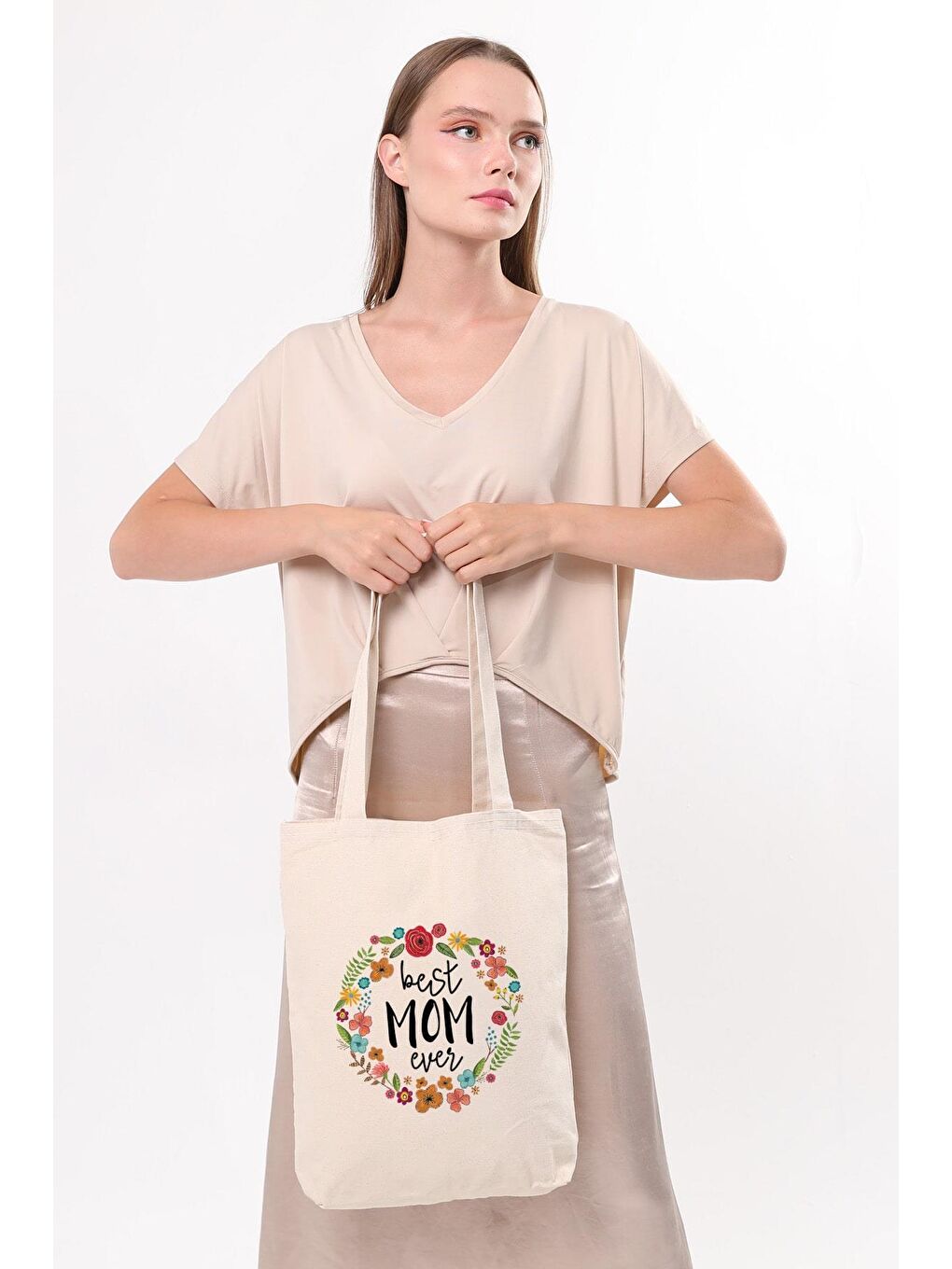 Ekru Kanvas Best Mom Ever Baskılı Bez Çanta-4