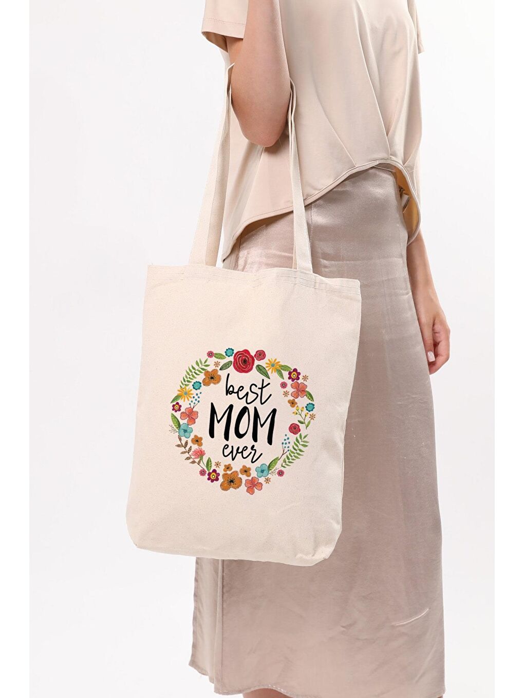 Ekru Kanvas Best Mom Ever Baskılı Bez Çanta-5