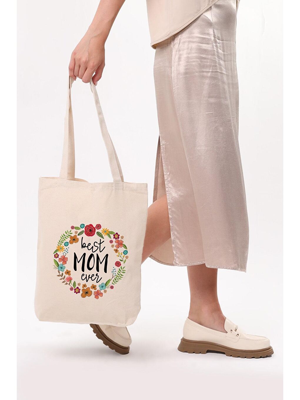 Ekru Kanvas Best Mom Ever Baskılı Bez Çanta-6