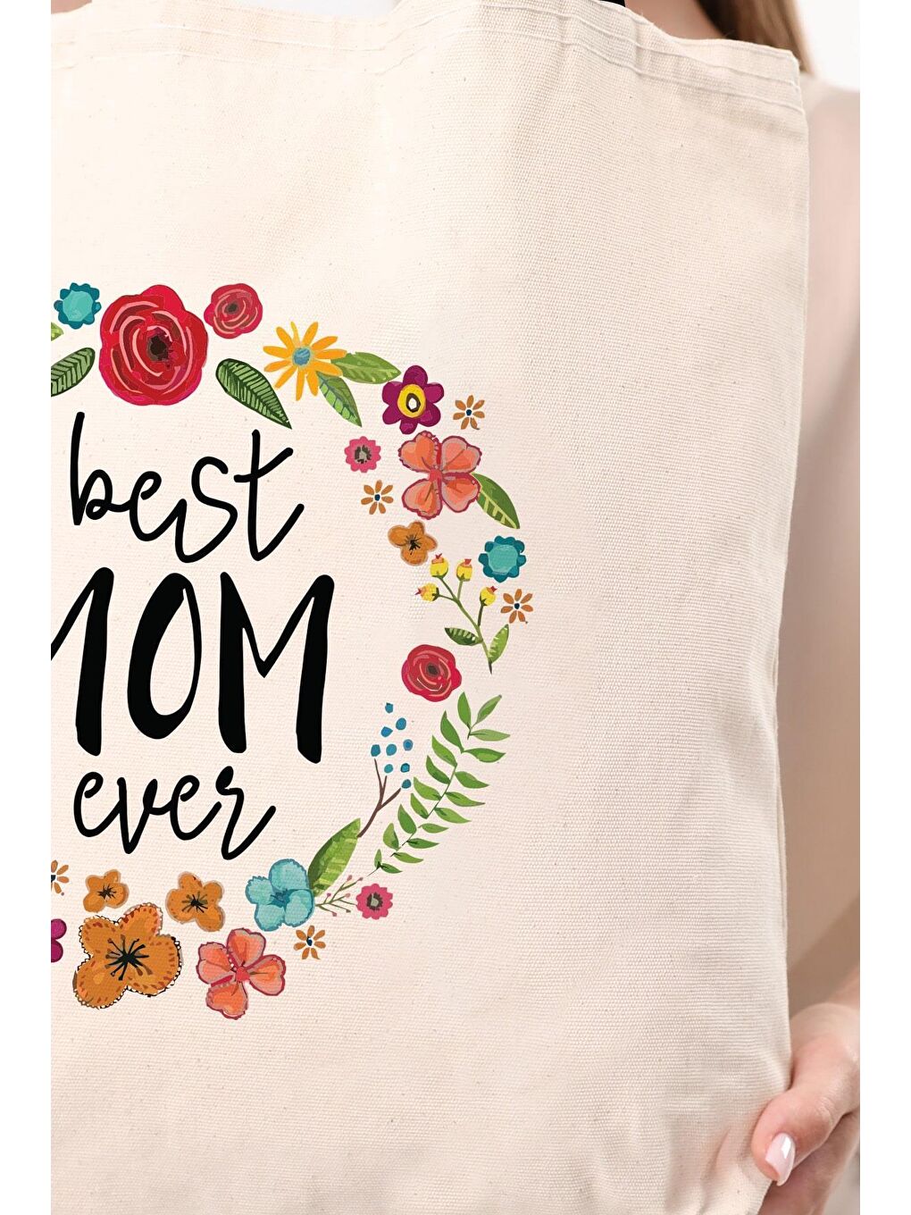 Ekru Kanvas Best Mom Ever Baskılı Bez Çanta-7