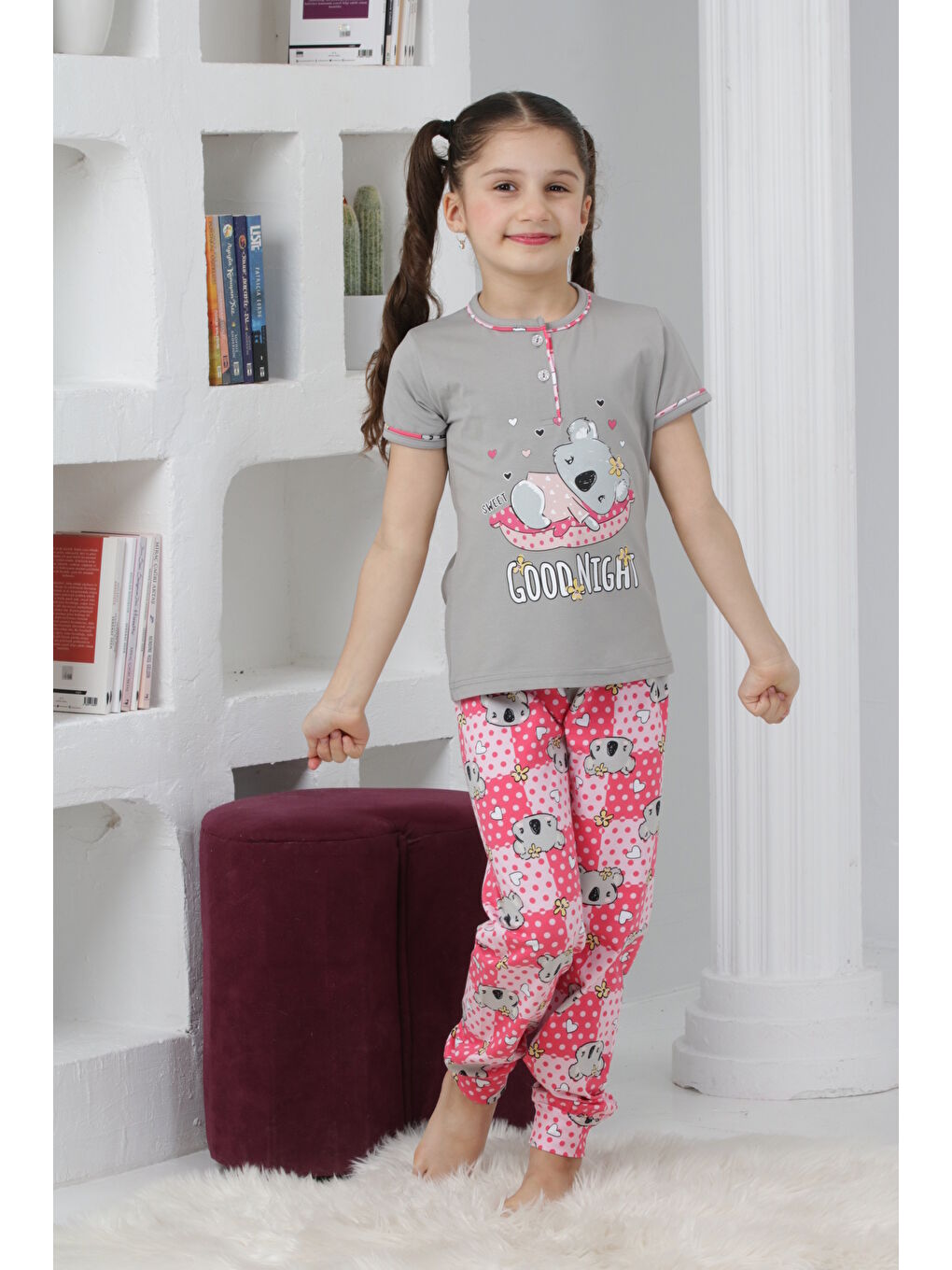 Kapi Kids Gri Kız Çocuk Ayıcık Baskılı - 2 Düğmeli Pijama Takımı 7-11 Yaş Mnx6065