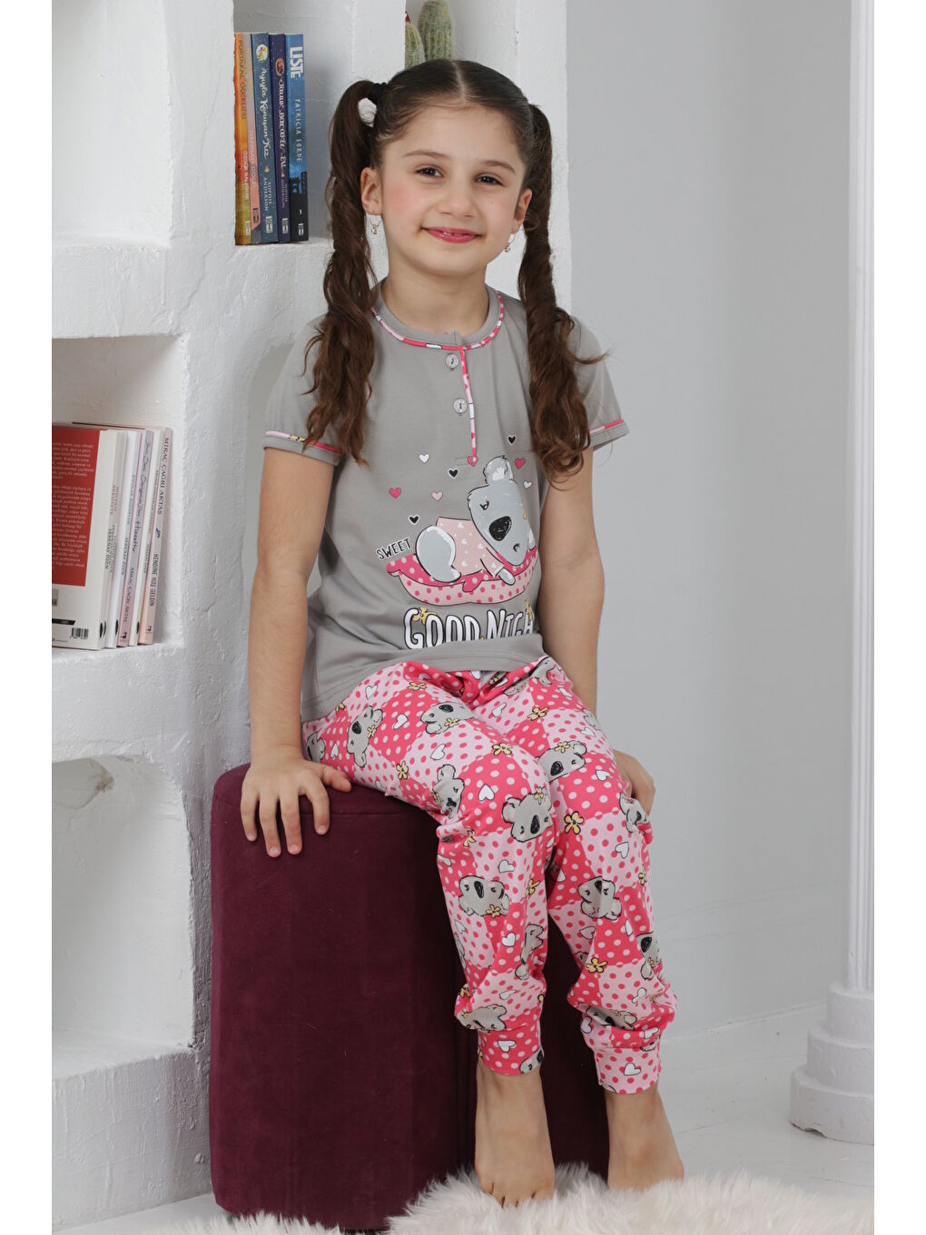 Kapi Kids Gri Kız Çocuk Ayıcık Baskılı - 2 Düğmeli Pijama Takımı 7-11 Yaş Mnx6065 - 1