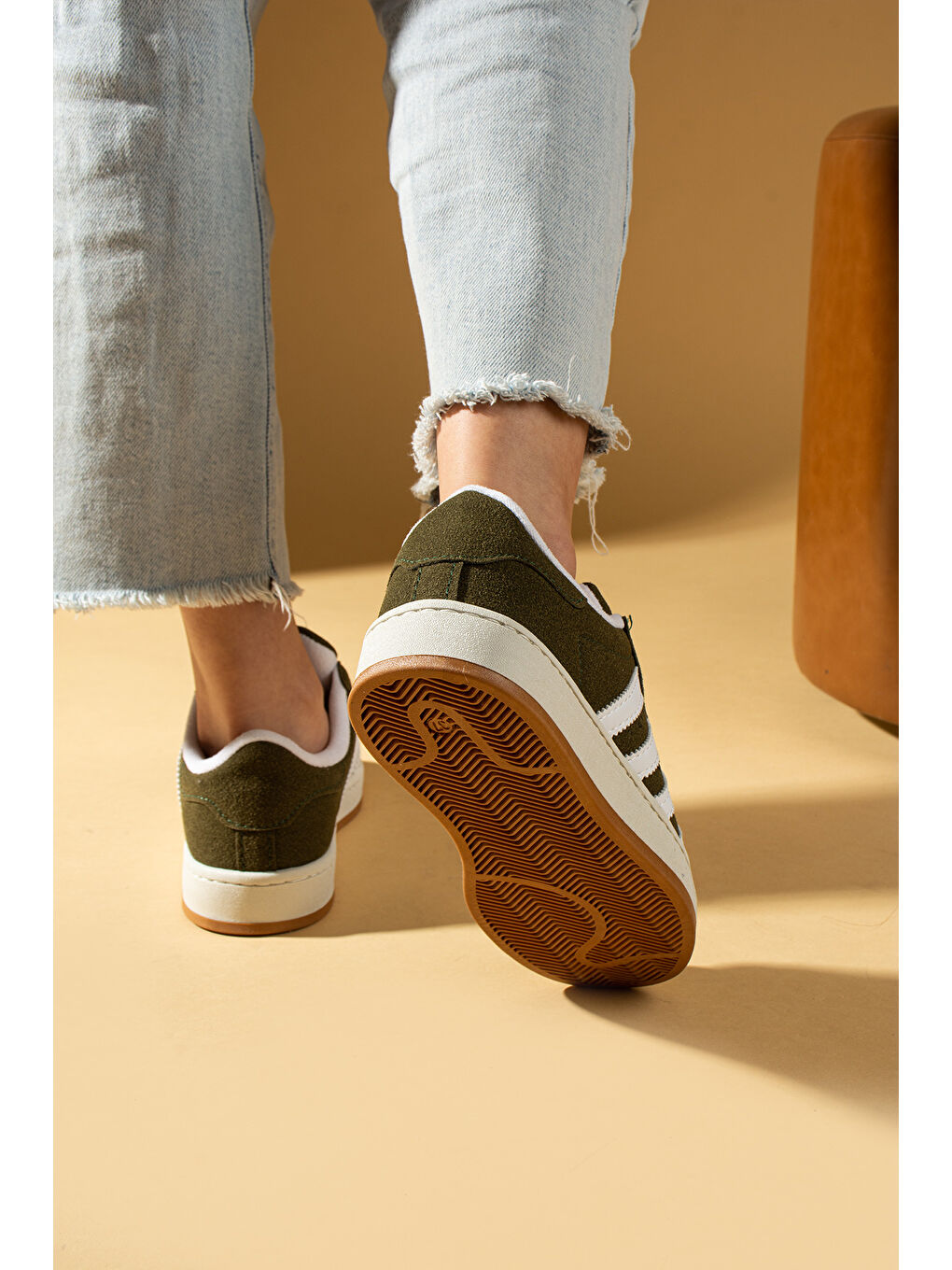 Haki Kalın Bağcıklı Şerit Detaylı Rahat Taban Kadın Sneakers 001-3458-25Beyaz-2