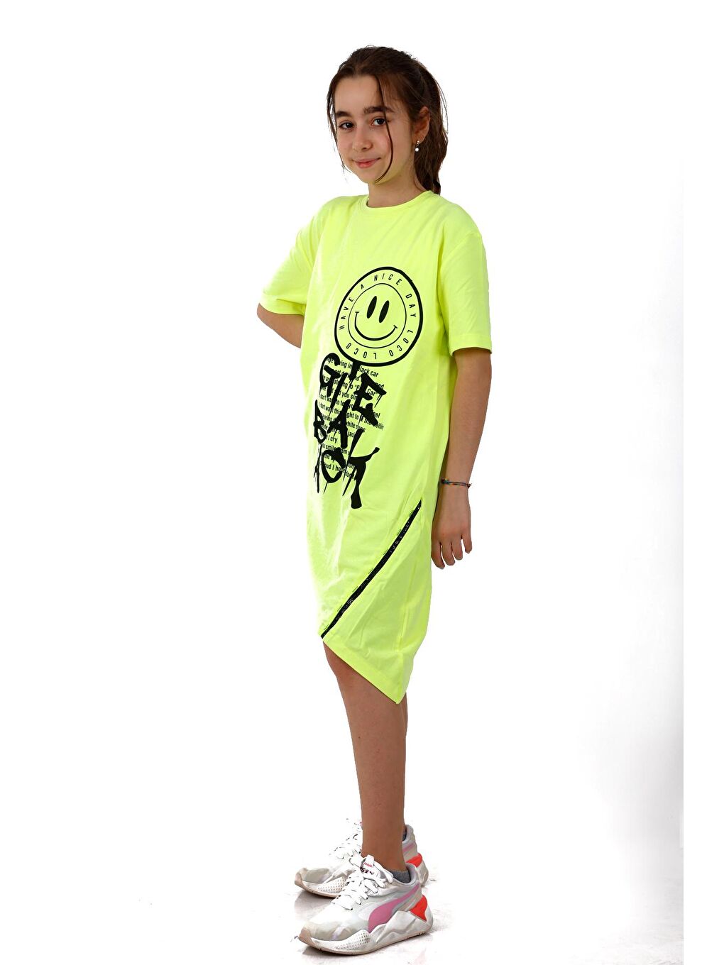 Sarı Kız Çocuk Smile Baskılı Tunik Elbise 10-15 Yaş 13950