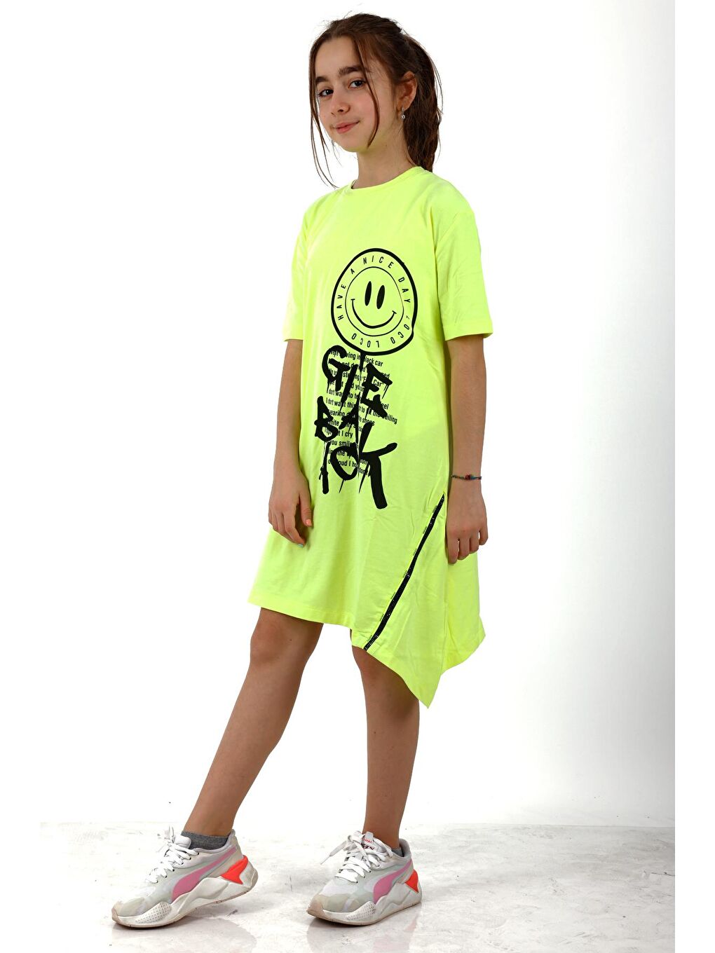Sarı Kız Çocuk Smile Baskılı Tunik Elbise 10-15 Yaş 13950-1