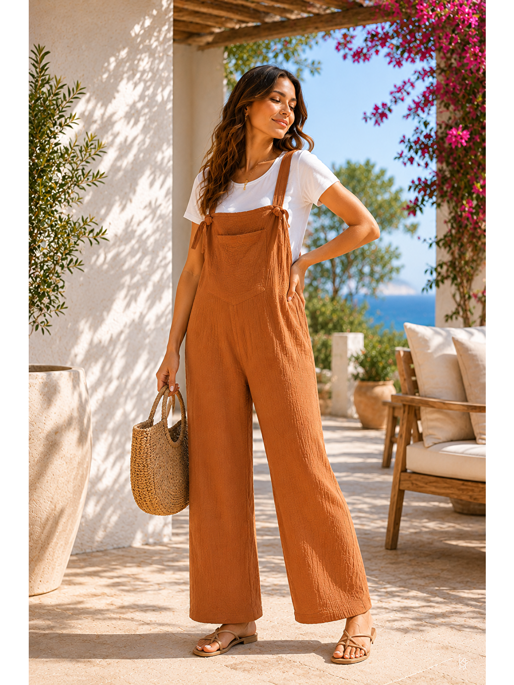 Kahverengi Doğal Müslin Yumuşacık Yazlık Hamile Salopet - Camel-1