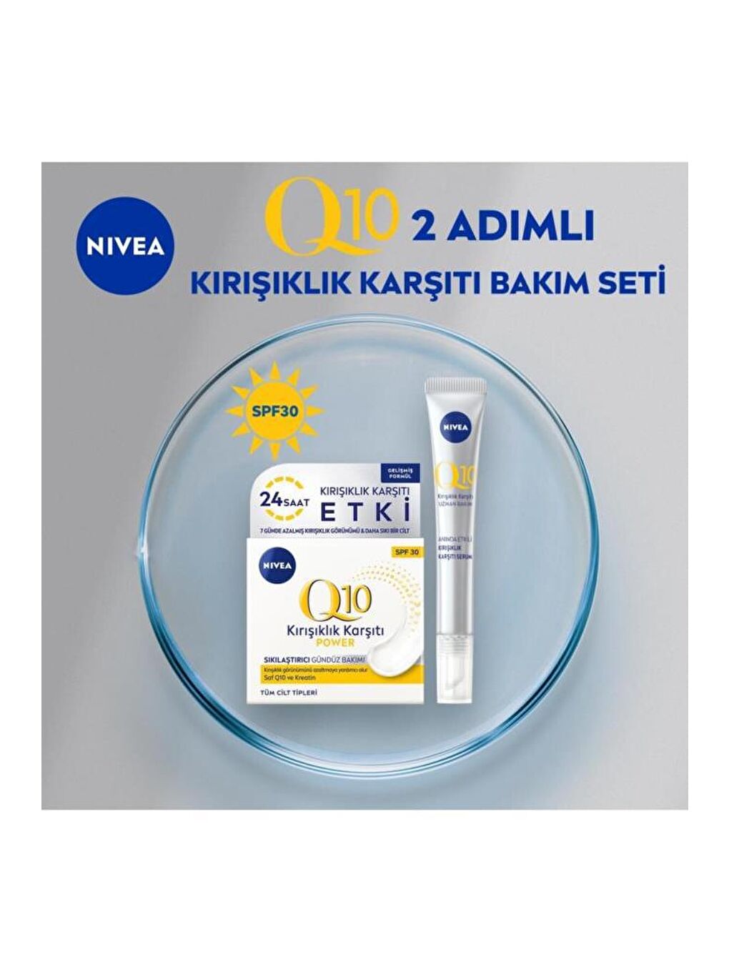 NIVEA Şeffaf Q10 2 Adı mlı Kırışıklık Karşıtı Bakım Seti, Gündüz Kremi Spf30 Ve Cilt Serumu 15 ml, Anında Etki