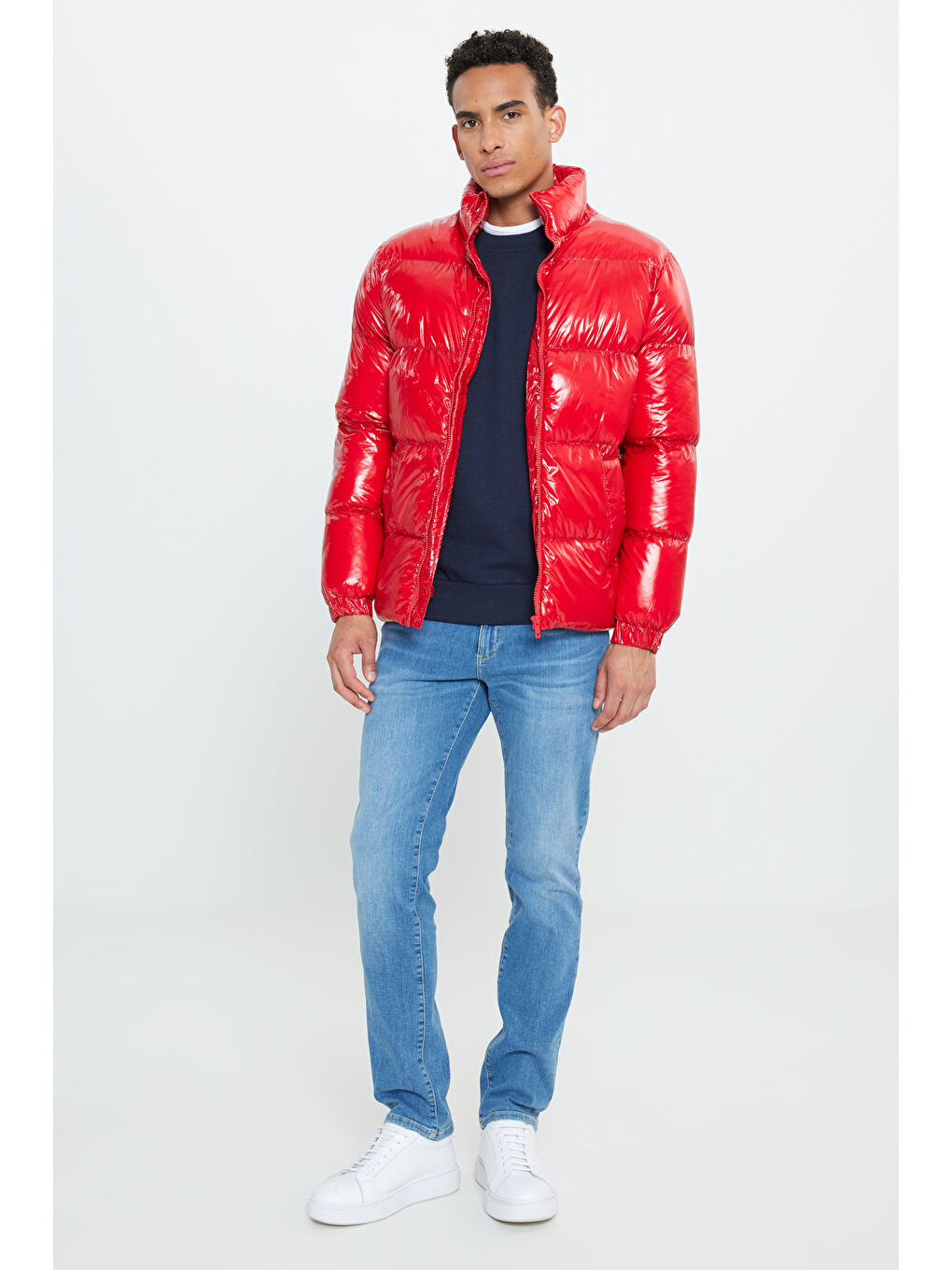 Erkek Kırmızı Standart Fit Normal Kesim Dik Yaka Rüzgar Geçirmez Elyaf Dolgulu Mont-1