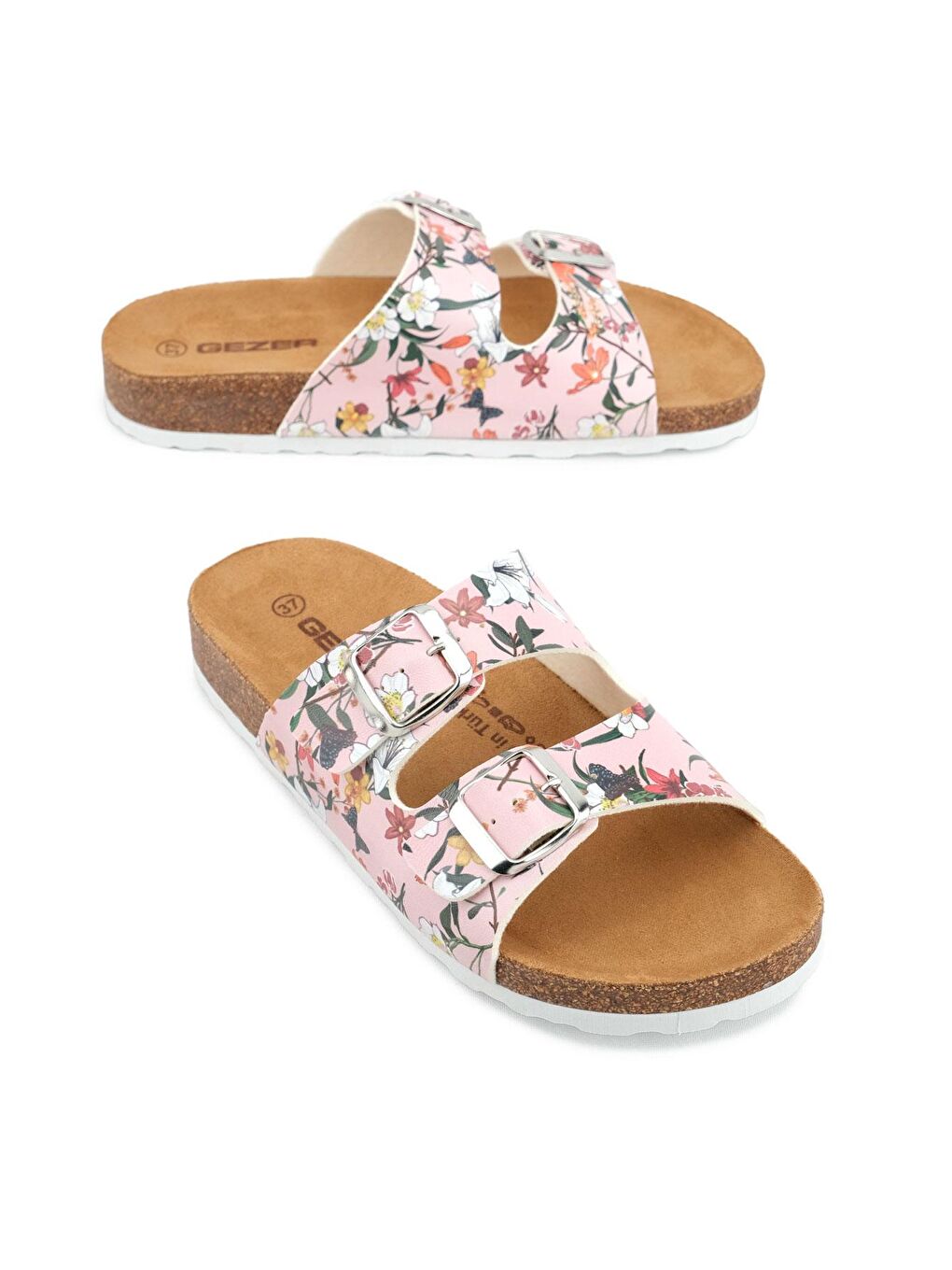 Beyaz Yazlık Kadın Suni Deri Mantarlı PVC Rahat Taban İki Tokalı Ayarlanabilir Günlük Terlik