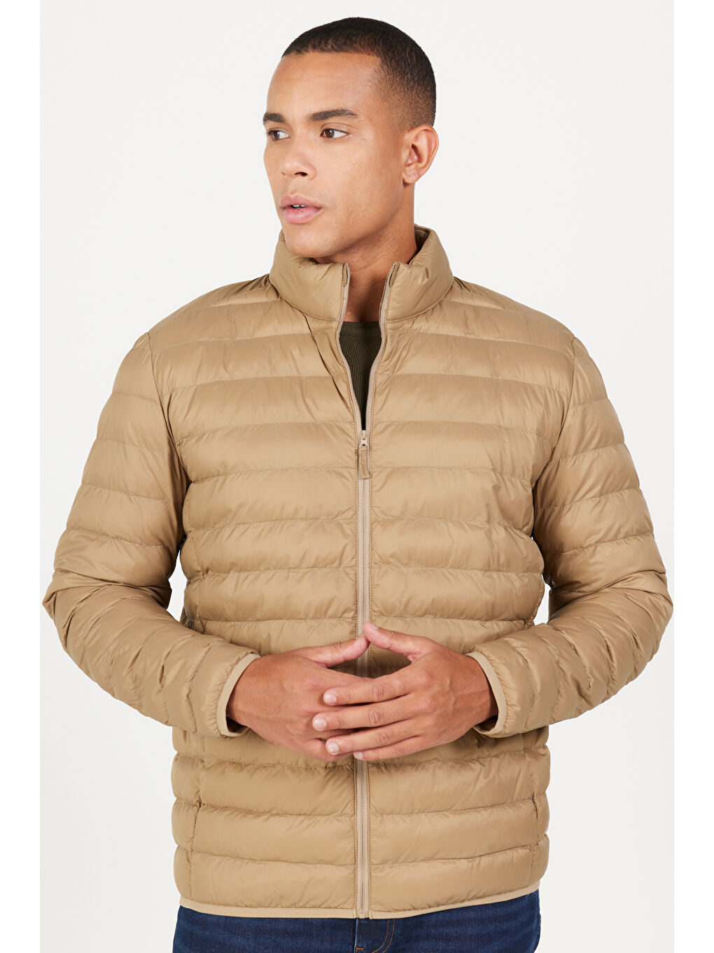 Bej Erkek Vizon Standart Fit Normal Kesim Dik Yaka Mont-1