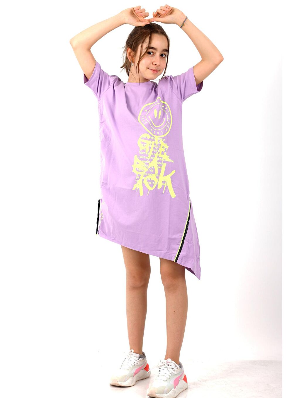 Mor Kız Çocuk Smile Baskılı Tunik Elbise 10-15 Yaş 13950