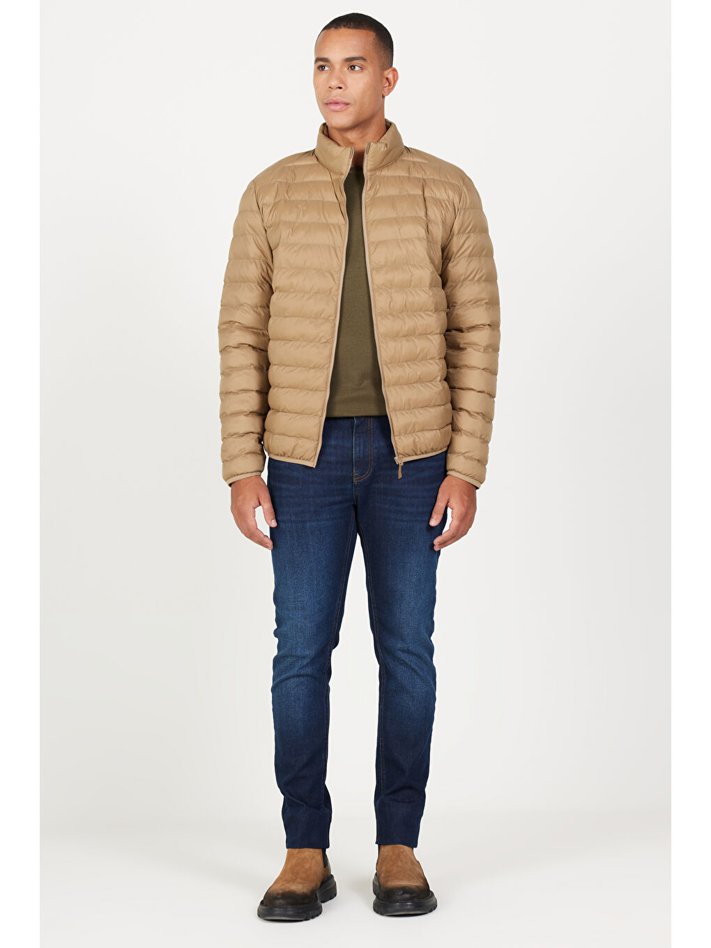 Bej Erkek Vizon Standart Fit Normal Kesim Dik Yaka Mont-3