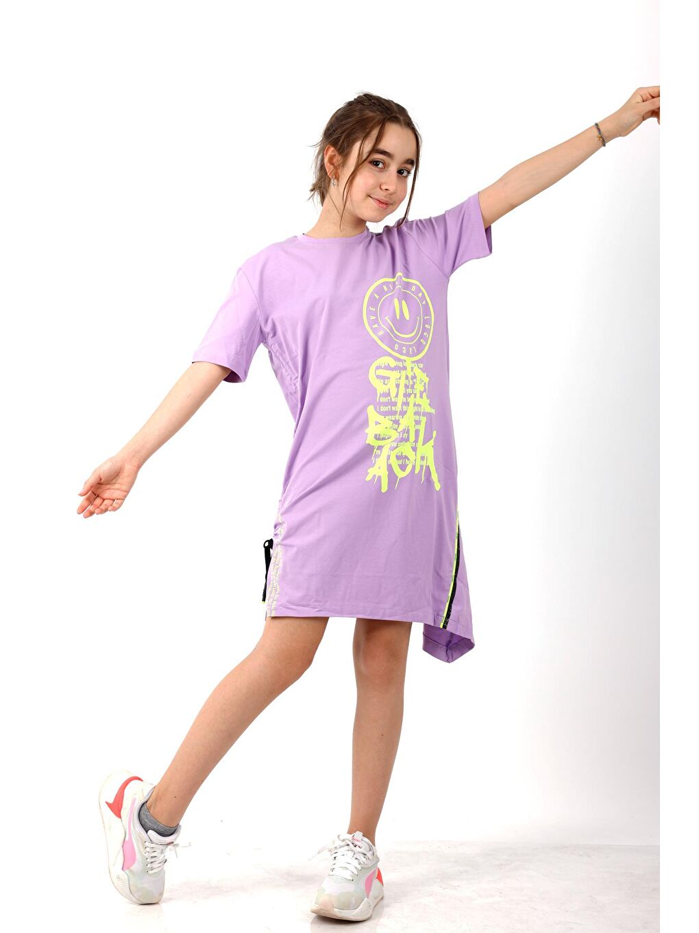 Mor Kız Çocuk Smile Baskılı Tunik Elbise 10-15 Yaş 13950-1