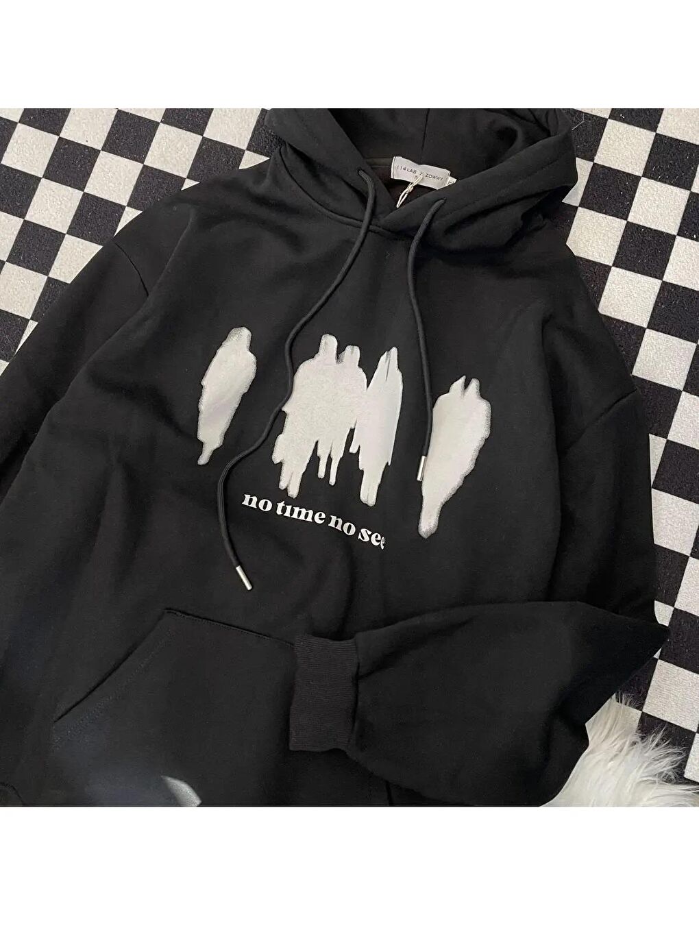 Touz Moda Siyah Y2k No Time No See Baskılı Oversize Unisex Siyah Kapüşonlu Hoodie Sweatshirt - 1