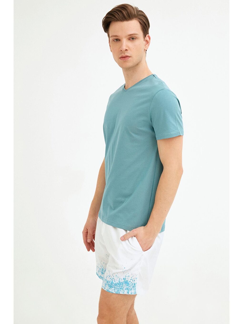 Petrol V Yaka Basic Tişört-1