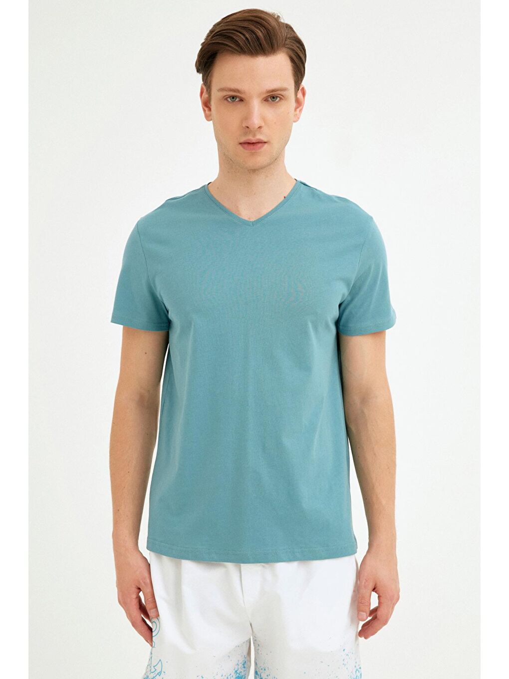 Petrol V Yaka Basic Tişört-2