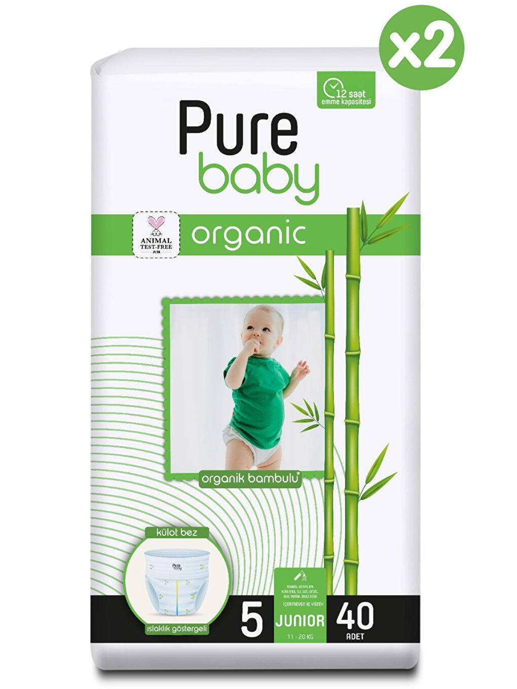 Pure Baby Renksiz Organik Bambu Özlü Külot Bez 2'i Paket 5 Numara Junior 80 Adet - 1