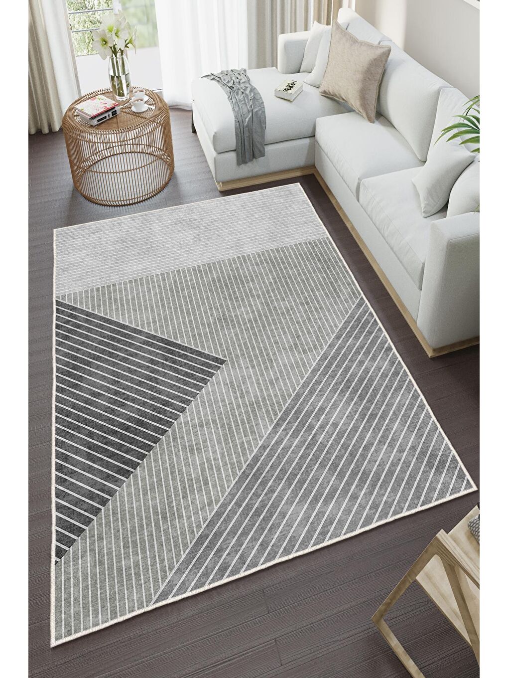 Gri Özel Tasarım, Kaymaz Taban, İnce, Yıkanabilir, Modern Halı WOOKECE1438 180x280-2