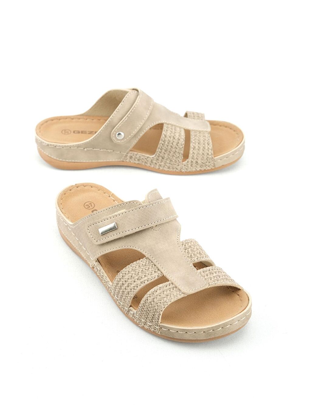 Bej Yazlık Kadın Suni Deri Rahat İç Taban Tek Cırtlı Kemer Ayarlanabilir Günlük Terlik
